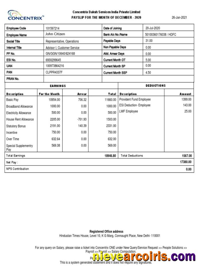 India CONCENTRIX Daksh Services India private Limited payslip